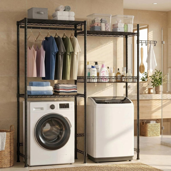 English Elm Over Washer Dryer 4 Tier Steel Shelving Unit with Wire Basket and Rotating Hook W3204P504604