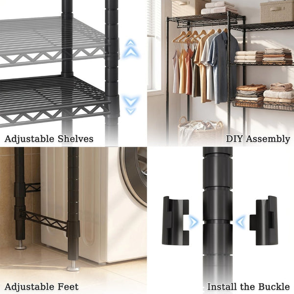 English Elm Over Washer Dryer 4 Tier Steel Shelving Unit with Wire Basket and Rotating Hook W3204P504604