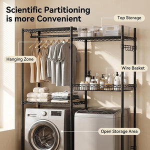 English Elm Over Washer Dryer 4 Tier Steel Shelving Unit with Wire Basket and Rotating Hook W3204P504604