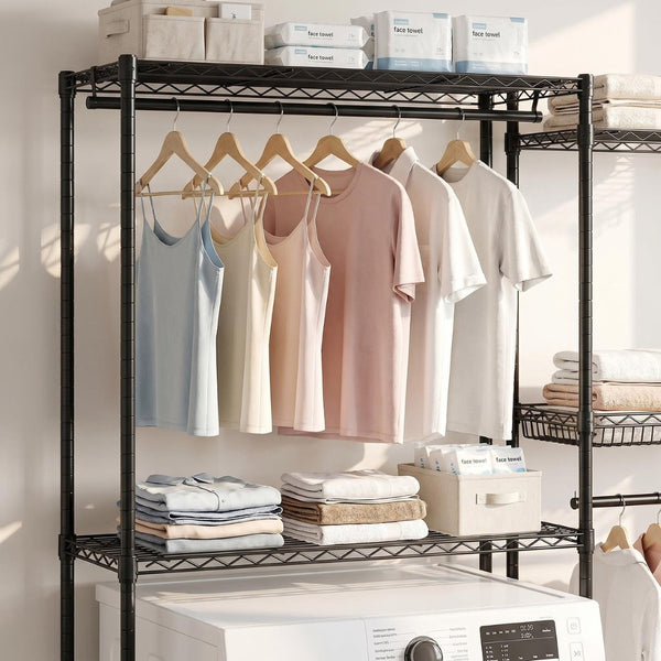 English Elm Over Washer Dryer 4 Tier Steel Shelving Unit with Wire Basket and Rotating Hook W3204P504604