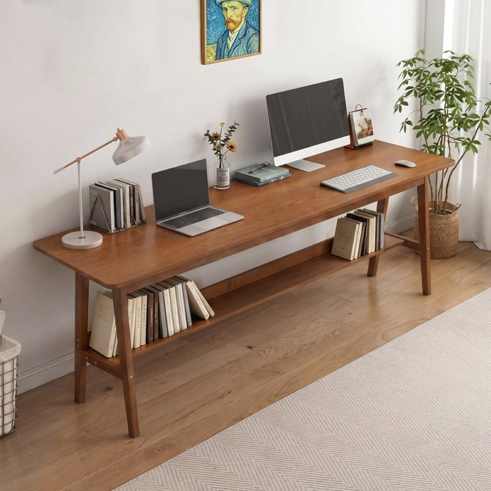 English Elm 63" Mid-century Walnut Finish Two-person Workstation with Open Shelf for Home Office W3204P504763
