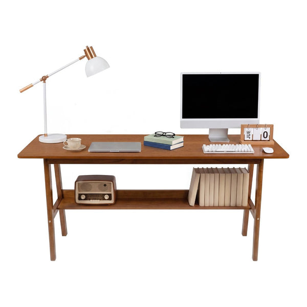English Elm 63" Mid-century Walnut Finish Two-person Workstation with Open Shelf for Home Office W3204P504763