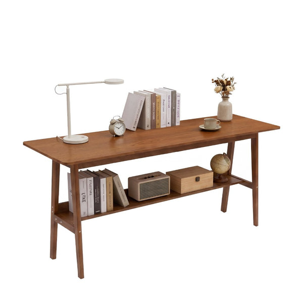 English Elm 63" Mid-century Walnut Finish Two-person Workstation with Open Shelf for Home Office W3204P504763