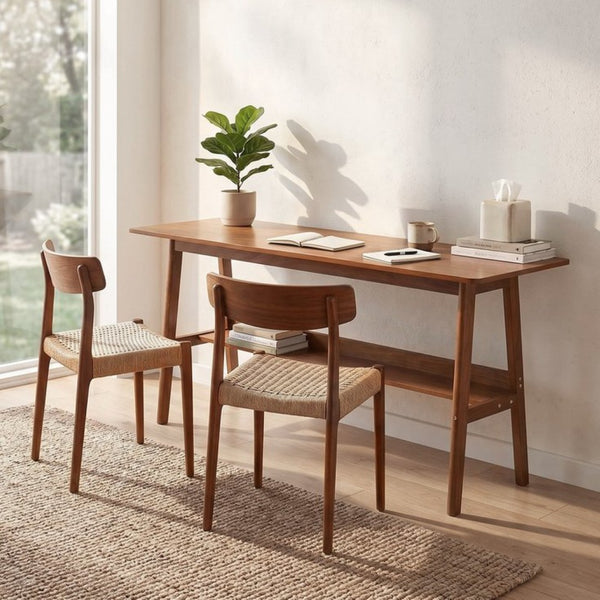 English Elm 63" Mid-century Walnut Finish Two-person Workstation with Open Shelf for Home Office W3204P504763