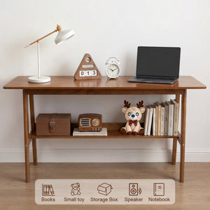 English Elm 63" Mid-century Walnut Finish Two-person Workstation with Open Shelf for Home Office W3204P504763