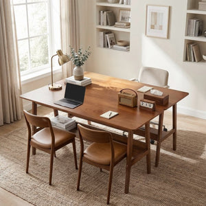 English Elm 63" Mid-century Walnut Finish Two-person Workstation with Open Shelf for Home Office W3204P504763