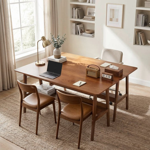English Elm 63" Mid-century Walnut Finish Two-person Workstation with Open Shelf for Home Office W3204P504763