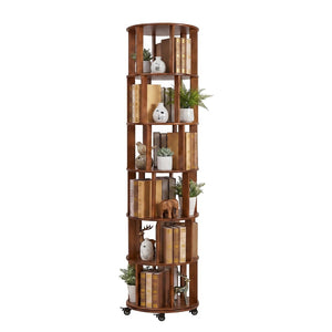 English Elm 6 Tier Solid Wood Rotating Tower Bookshelf with Locking Wheels for Any Room Walnut W3204P505662