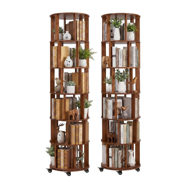 English Elm 6 Tier Solid Wood Rotating Tower Bookshelf with Locking Wheels for Any Room Walnut W3204P505662