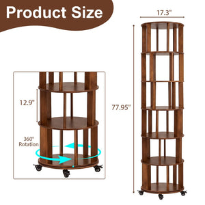 English Elm 6 Tier Solid Wood Rotating Tower Bookshelf with Locking Wheels for Any Room Walnut W3204P505662