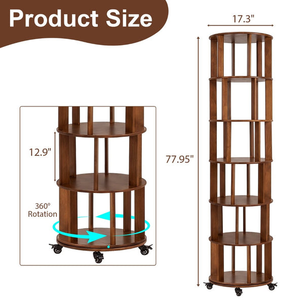 English Elm 6 Tier Solid Wood Rotating Tower Bookshelf with Locking Wheels for Any Room Walnut W3204P505662