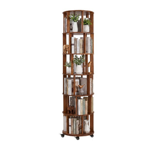 English Elm 6 Tier Solid Wood Rotating Tower Bookshelf with Locking Wheels for Any Room Walnut W3204P505662