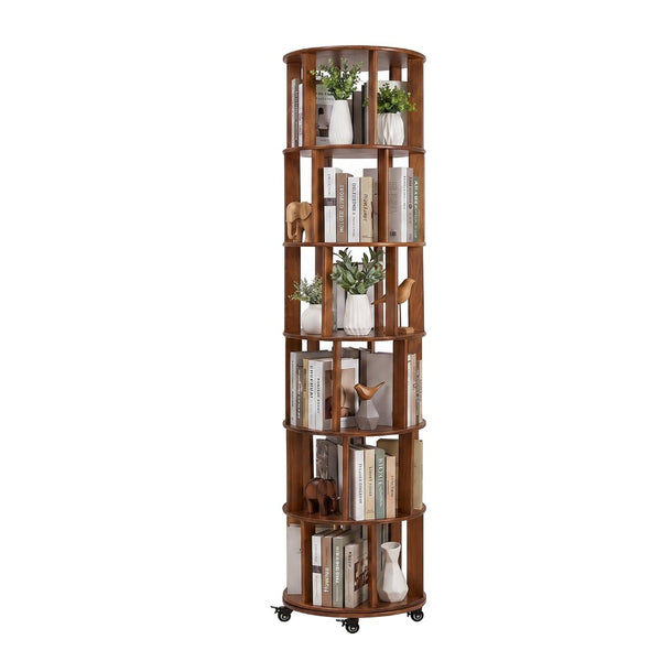 English Elm 6 Tier Solid Wood Rotating Tower Bookshelf with Locking Wheels for Any Room Walnut W3204P505662