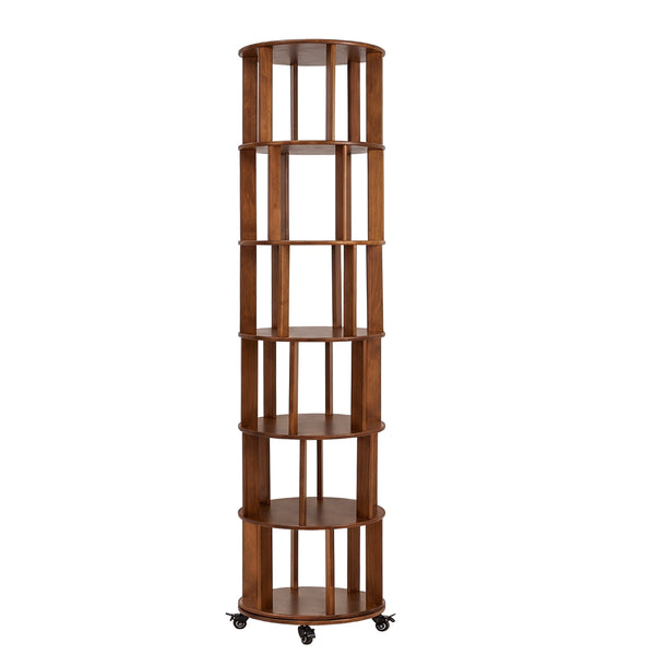 English Elm 6 Tier Solid Wood Rotating Tower Bookshelf with Locking Wheels for Any Room Walnut W3204P505662