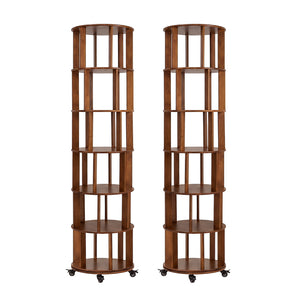 English Elm 6 Tier Solid Wood Rotating Tower Bookshelf with Locking Wheels for Any Room Walnut W3204P505662