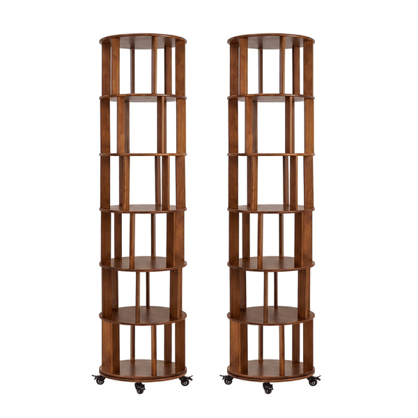 English Elm 6 Tier Solid Wood Rotating Tower Bookshelf with Locking Wheels for Any Room Walnut W3204P505662