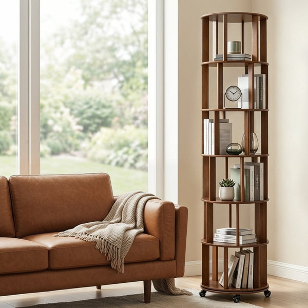 English Elm 6 Tier Solid Wood Rotating Tower Bookshelf with Locking Wheels for Any Room Walnut W3204P505662