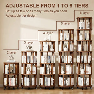 English Elm 6 Tier Solid Wood Rotating Tower Bookshelf with Locking Wheels for Any Room Walnut W3204P505662