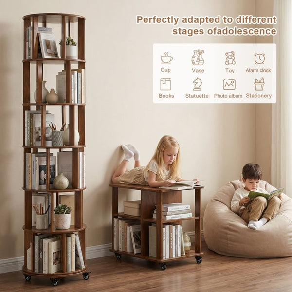 English Elm 6 Tier Solid Wood Rotating Tower Bookshelf with Locking Wheels for Any Room Walnut W3204P505662