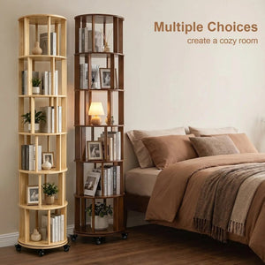 English Elm 6 Tier Solid Wood Rotating Tower Bookshelf with Locking Wheels for Any Room Walnut W3204P505662
