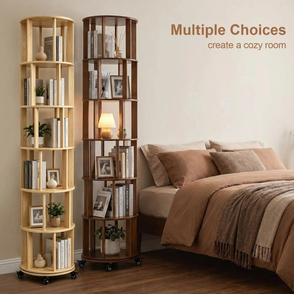 English Elm 6 Tier Solid Wood Rotating Tower Bookshelf with Locking Wheels for Any Room Walnut W3204P505662
