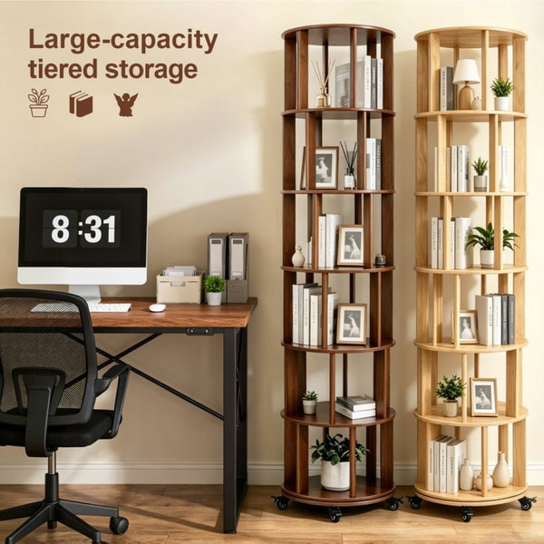 English Elm 6 Tier Solid Wood Rotating Tower Bookshelf with Locking Wheels for Any Room Walnut W3204P505662