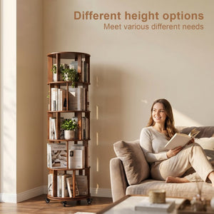 English Elm 6 Tier Solid Wood Rotating Tower Bookshelf with Locking Wheels for Any Room Walnut W3204P505662