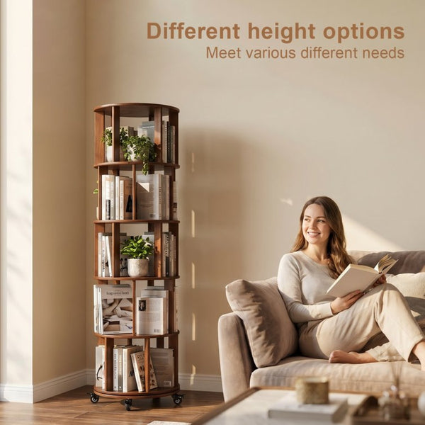 English Elm 6 Tier Solid Wood Rotating Tower Bookshelf with Locking Wheels for Any Room Walnut W3204P505662