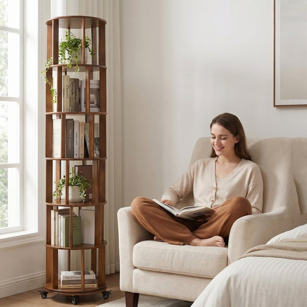 English Elm 6 Tier Solid Wood Rotating Tower Bookshelf with Locking Wheels for Any Room Walnut W3204P505662