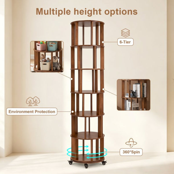 English Elm 6 Tier Solid Wood Rotating Tower Bookshelf with Locking Wheels for Any Room Walnut W3204P505662