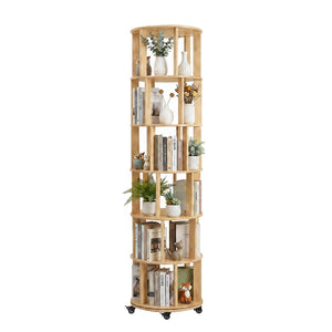 English Elm 6 Tier Solid Wood Rotating Tower Bookshelf with Locking Wheels for Any Room Natural Wood W3204P505663