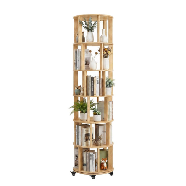 English Elm 6 Tier Solid Wood Rotating Tower Bookshelf with Locking Wheels for Any Room Natural Wood W3204P505663
