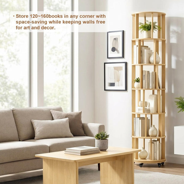 English Elm 6 Tier Solid Wood Rotating Tower Bookshelf with Locking Wheels for Any Room Natural Wood W3204P505663