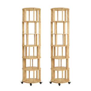 English Elm 6 Tier Solid Wood Rotating Tower Bookshelf with Locking Wheels for Any Room Natural Wood W3204P505663