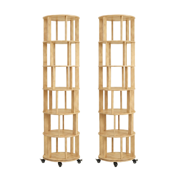 English Elm 6 Tier Solid Wood Rotating Tower Bookshelf with Locking Wheels for Any Room Natural Wood W3204P505663