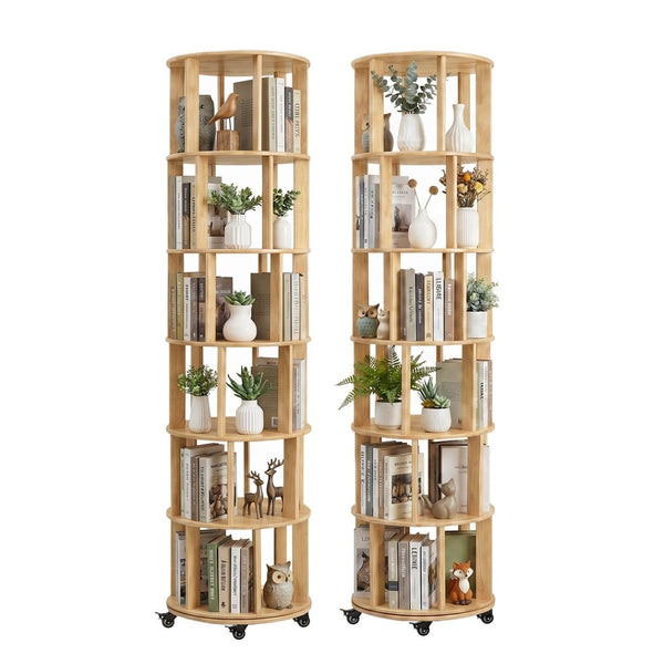 English Elm 6 Tier Solid Wood Rotating Tower Bookshelf with Locking Wheels for Any Room Natural Wood W3204P505663