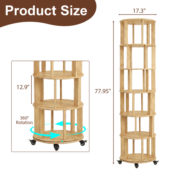 English Elm 6 Tier Solid Wood Rotating Tower Bookshelf with Locking Wheels for Any Room Natural Wood W3204P505663