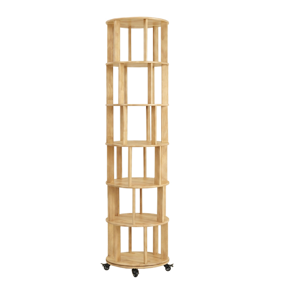 English Elm 6 Tier Solid Wood Rotating Tower Bookshelf with Locking Wheels for Any Room Natural Wood W3204P505663