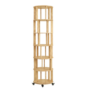 English Elm 6 Tier Solid Wood Rotating Tower Bookshelf with Locking Wheels for Any Room Natural Wood W3204P505663