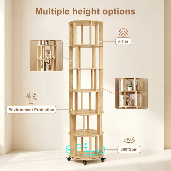 English Elm 6 Tier Solid Wood Rotating Tower Bookshelf with Locking Wheels for Any Room Natural Wood W3204P505663