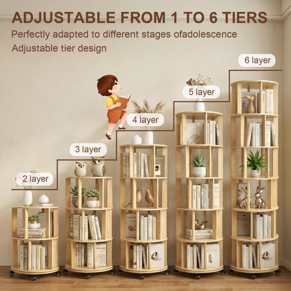 English Elm 6 Tier Solid Wood Rotating Tower Bookshelf with Locking Wheels for Any Room Natural Wood W3204P505663
