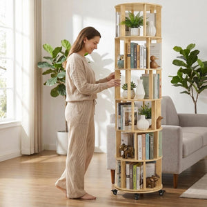 English Elm 6 Tier Solid Wood Rotating Tower Bookshelf with Locking Wheels for Any Room Natural Wood W3204P505663