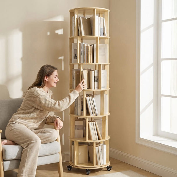 English Elm 6 Tier Solid Wood Rotating Tower Bookshelf with Locking Wheels for Any Room Natural Wood W3204P505663