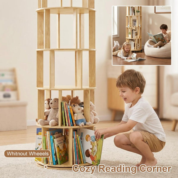 English Elm 6 Tier Solid Wood Rotating Tower Bookshelf with Locking Wheels for Any Room Natural Wood W3204P505663