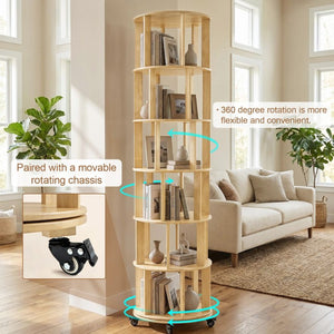 English Elm 6 Tier Solid Wood Rotating Tower Bookshelf with Locking Wheels for Any Room Natural Wood W3204P505663