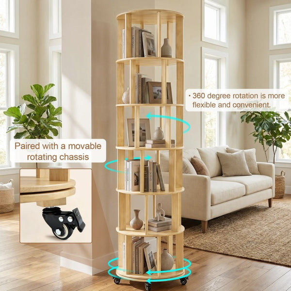 English Elm 6 Tier Solid Wood Rotating Tower Bookshelf with Locking Wheels for Any Room Natural Wood W3204P505663