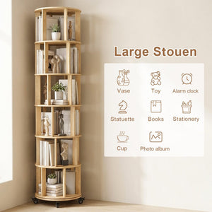 English Elm 6 Tier Solid Wood Rotating Tower Bookshelf with Locking Wheels for Any Room Natural Wood W3204P505663