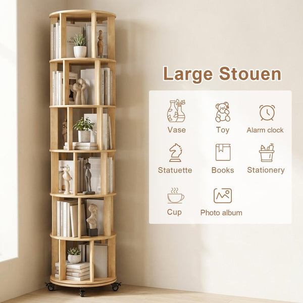English Elm 6 Tier Solid Wood Rotating Tower Bookshelf with Locking Wheels for Any Room Natural Wood W3204P505663
