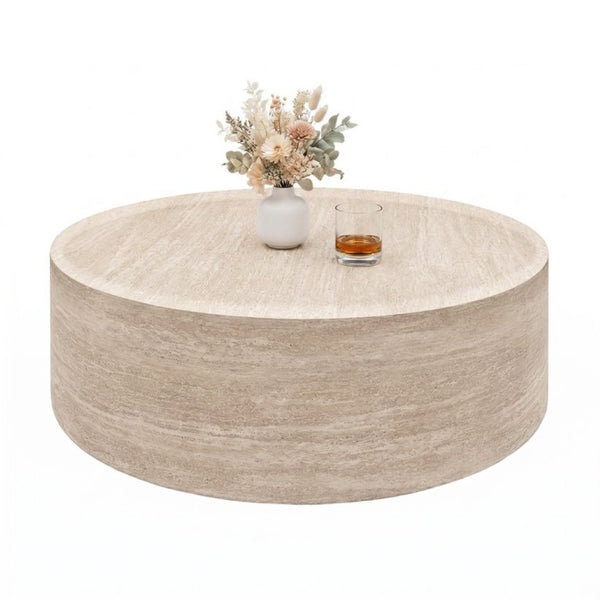 English Elm 39.37 Inch Round Faux Marble Coffee Table Low Profile Modern Living Room Accent W3204P507592