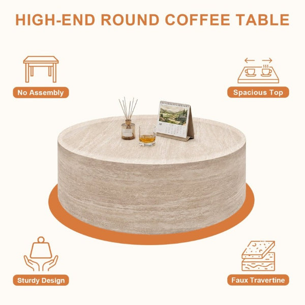 English Elm 39.37 Inch Round Faux Marble Coffee Table Low Profile Modern Living Room Accent W3204P507592